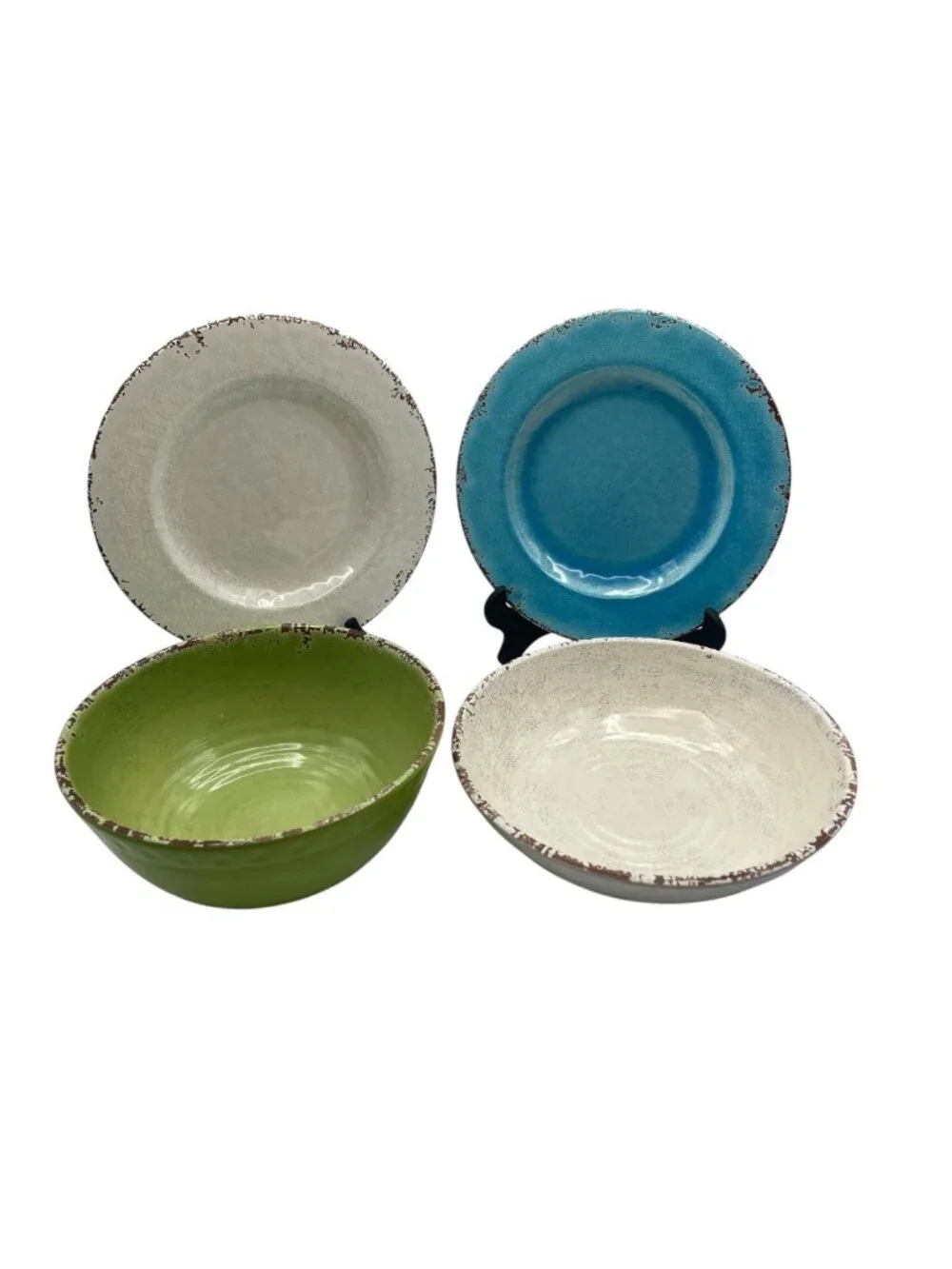 Williams Sonoma Rustic Outdoor Melamine Lot 2 Plates & 2 Bowls Ivory Blue Green
